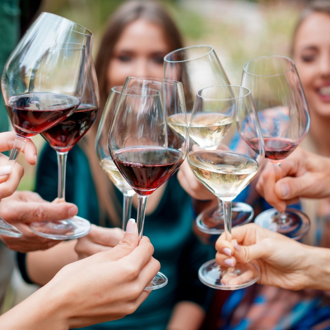 people toasting wine glasses with white and red wine in them