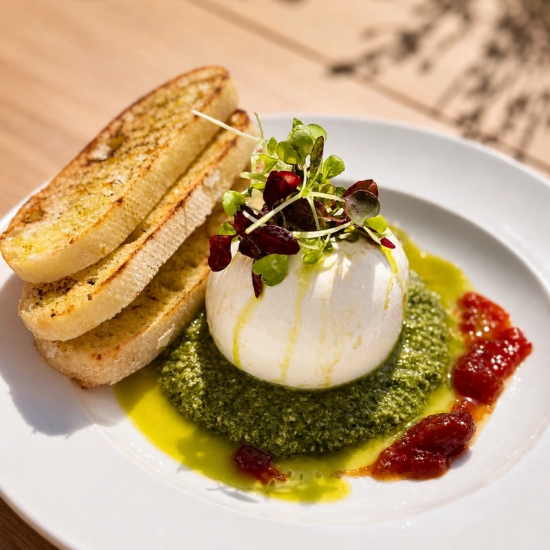 Burrata Starter plated with pesto and bread