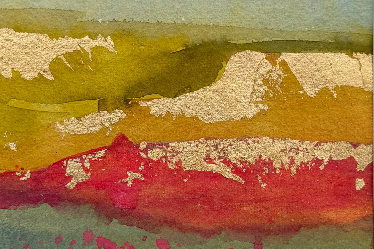 Abstract watercolour landscape featuring layered green, gold and crimson tones with textured white highlights.