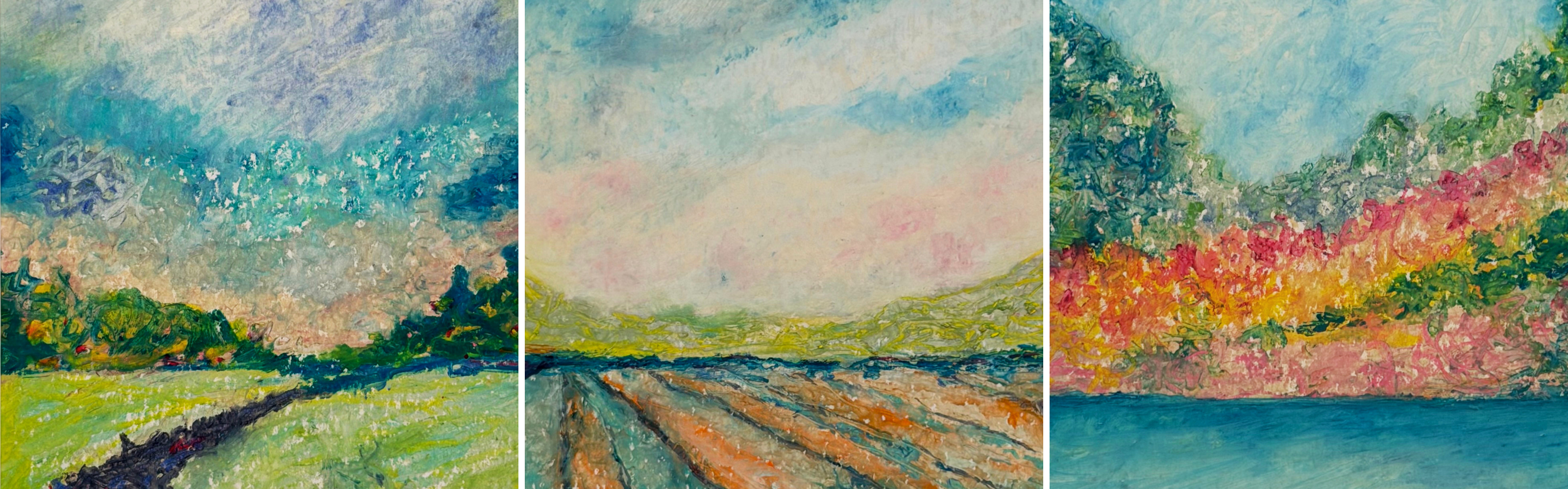 Three contemporary landscape paintings featuring open countryside, dramatic skies and vibrant natural colours.