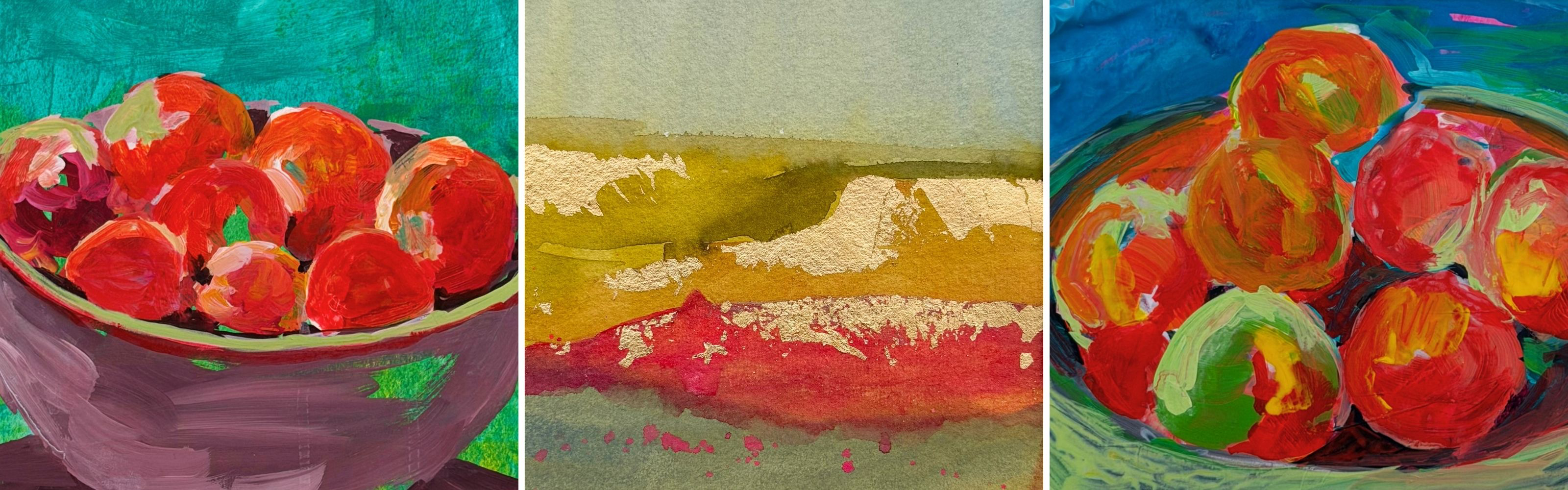 Close-up view of a vibrant fruit bowl painting featuring expressive red and orange brushstrokes against a turquoise background.