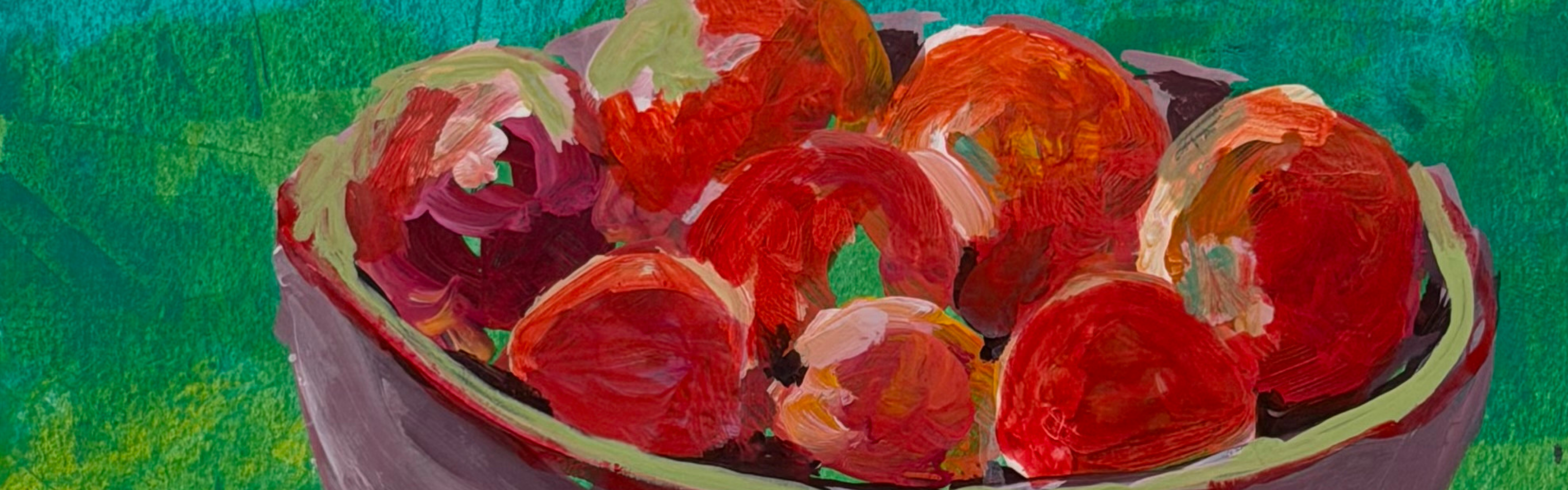 Expressive still life painting of a bowl of fruit with bold red tones and a vibrant green background.